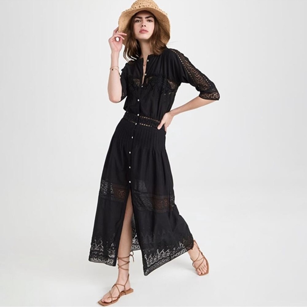 LoveShackFancy Flowy Boho Lace Trim Black Button Front Maxi Dress Size XS